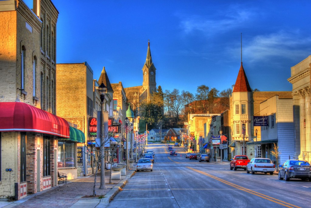 Main street of an American small town at dusk